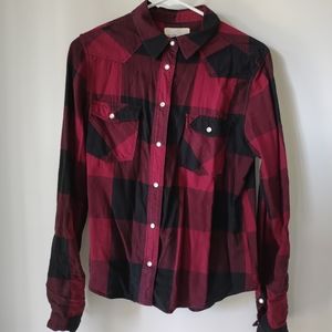 Maroon and black flannel snap button shirt - S